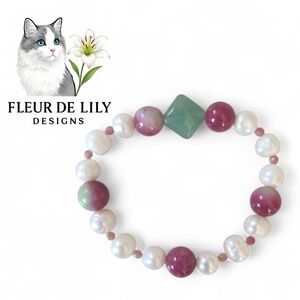 Freshwater Pearl Bracelet Watermelon Tourmaline And Jade 10mm 6.3 To 7 Inches